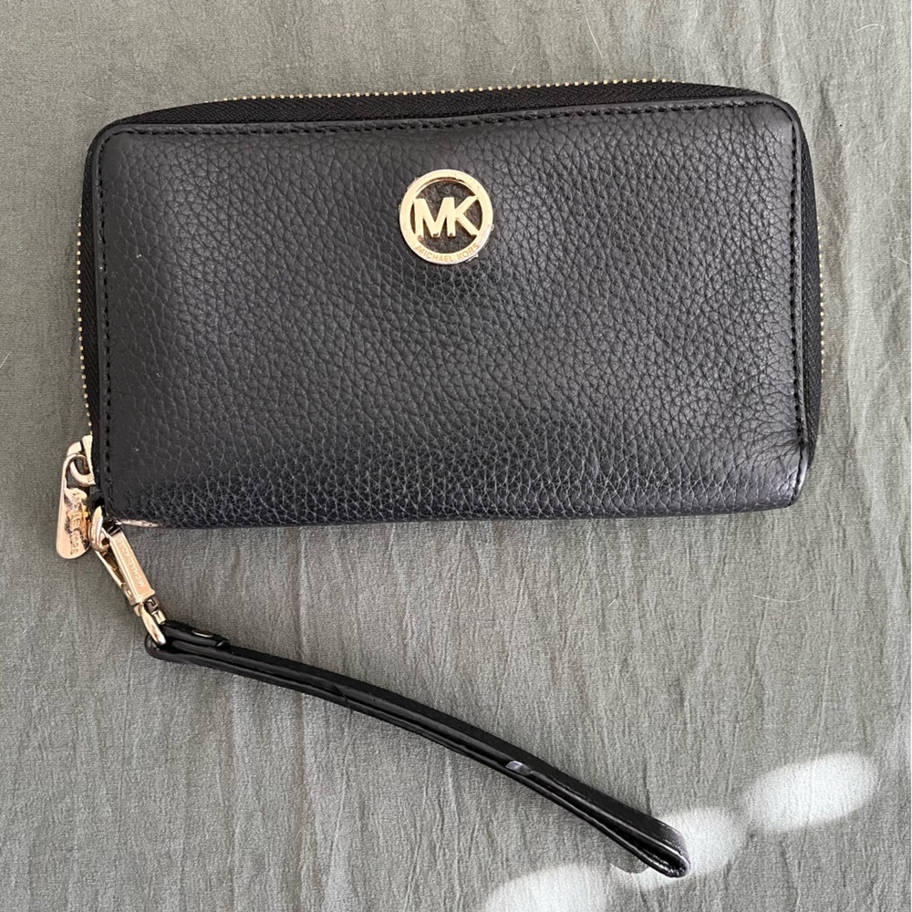 Michael Kors Black Leather Wristlet with Gold Accents